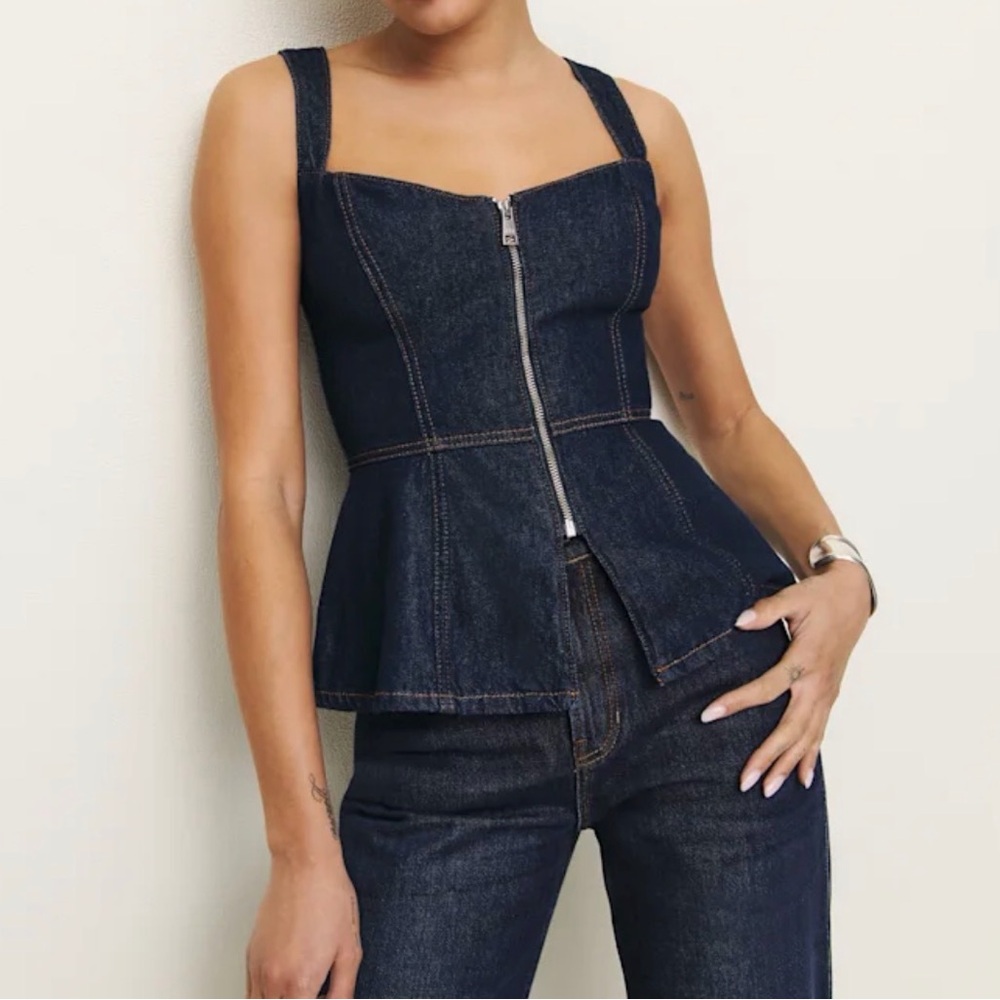 Reformation Dark Indigo Denim Zip-Front Peplum Tank